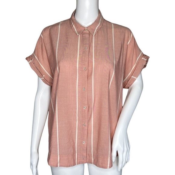 Lucky Brand Shirt Womens Medium Pink White Stripe Button Up Bohemian Preppy - Picture 1 of 7